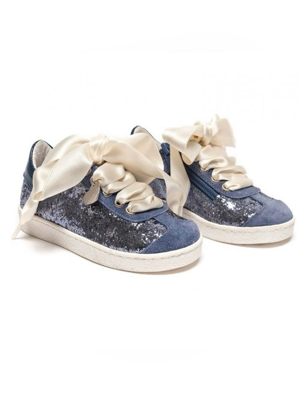 Monnalisa Girls Glitter Sequin Sneakers with Satin Ribbon Lace, Blue, 34 EU